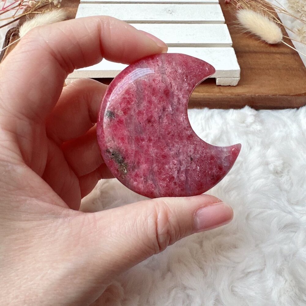 Beautiful Ice Rhodonite Small Moon Carving | Sakura Cherry Blossom Rhodonite